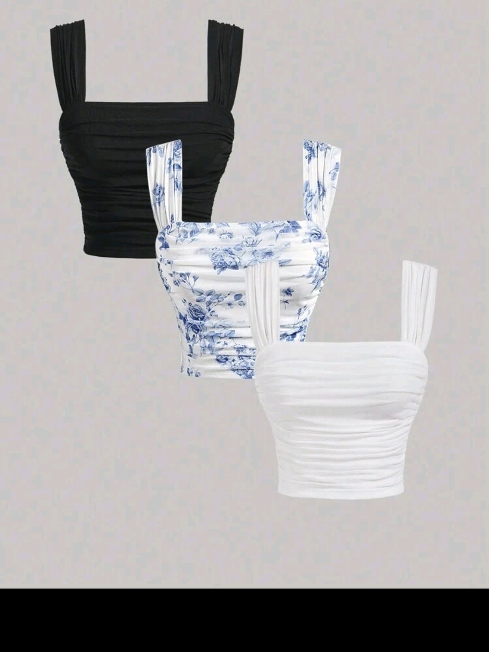 Square Neck Ruched Crop Top in Black, White & Blue Floral
